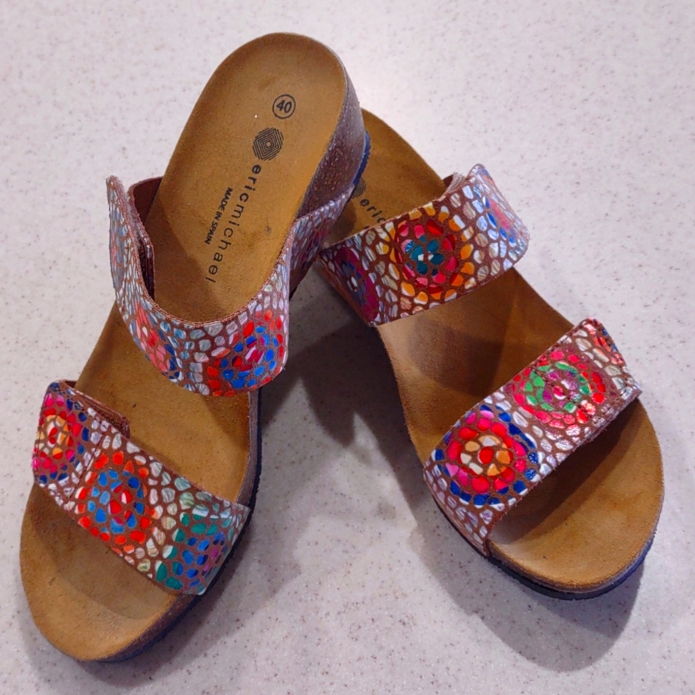 Eric Michael Liat Tan Mosaic Leather Wedge Dual Strap Slide Sandal Size 40/9 EUC - Picture 2 of 10
